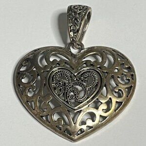 VTG Heart Intricate Filigree Designed Pendant Silver/Gold Tone 1.75"x2.25"